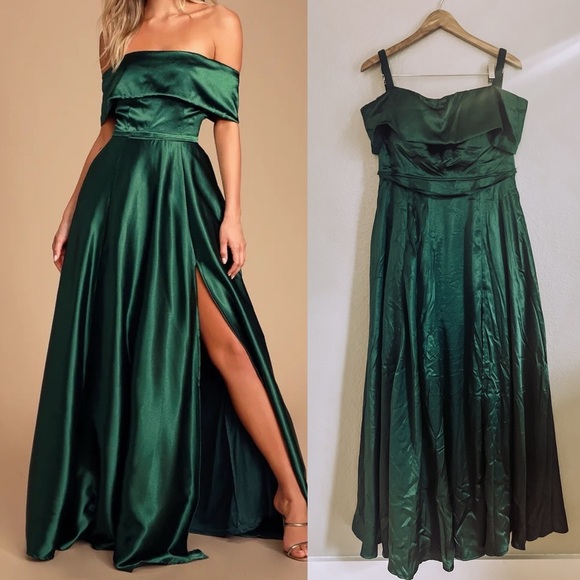 NWOT Lulus Greatest Hits Forest Green Satin Off-the-Shoulder Maxi Dress - Picture 1 of 7